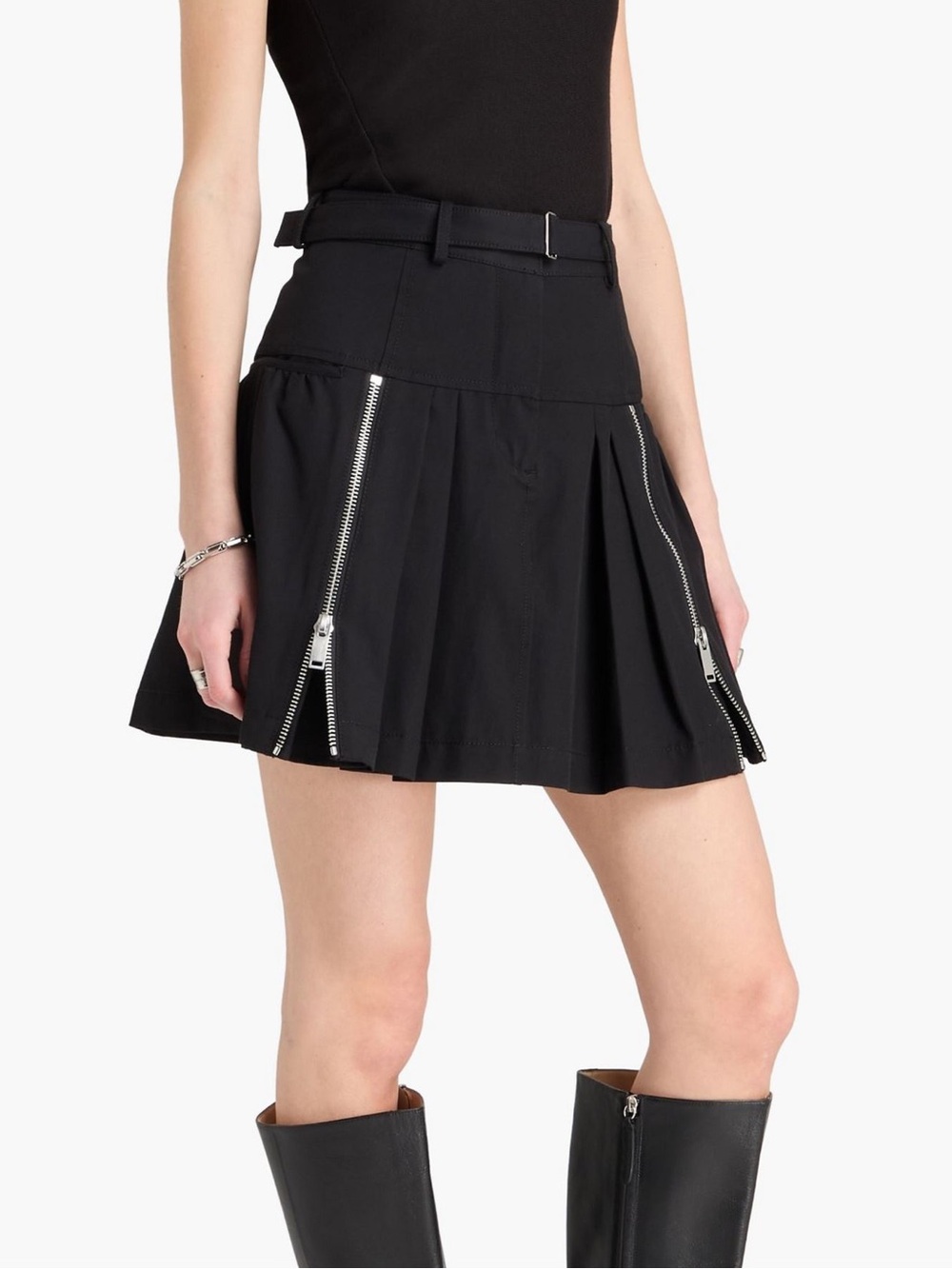 3.1 Phillip Lim Double Zip Utility Skirt Black Pleated Belted Mini Size 10